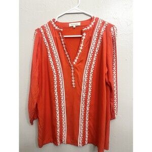 SOLITAIRE Top Size Medium Coral Embroidered Tunic Bohemian Coastal Granny EUC